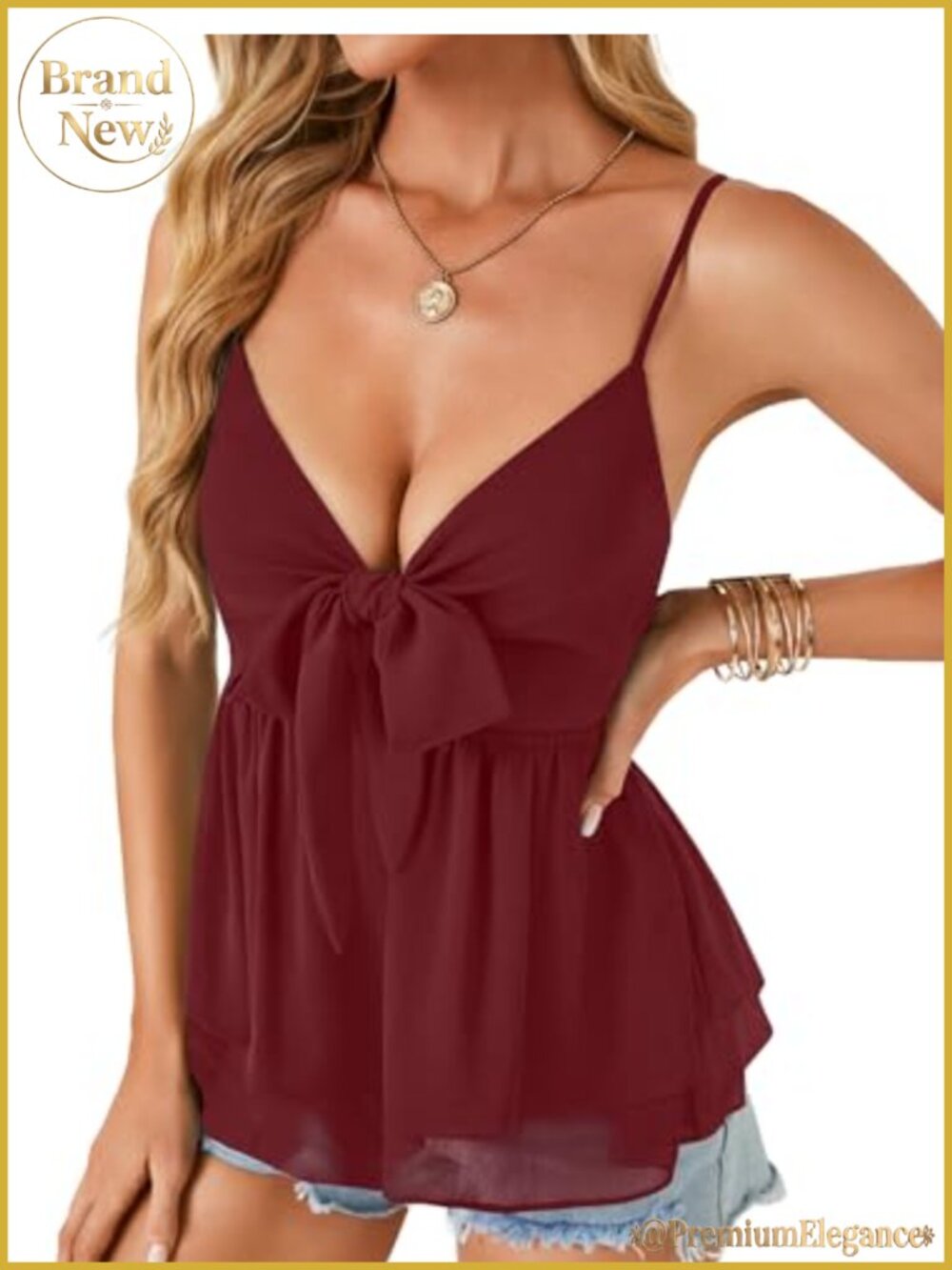 LYANER Women's Deep V Neck Babydoll Tank Top Tie Front Ruffle Hem